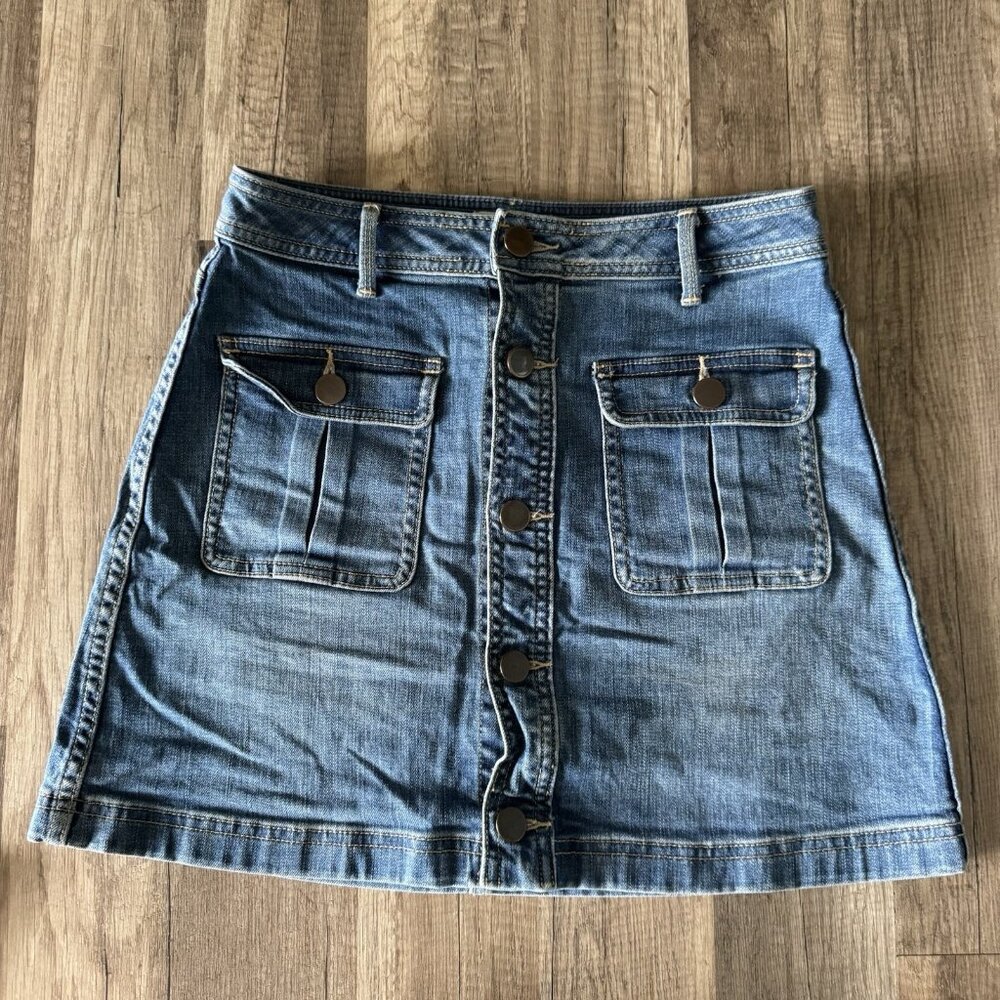 Hinge Skirt Women's Size o Blue Denim Medium Wash Button Front Mini Pockets
